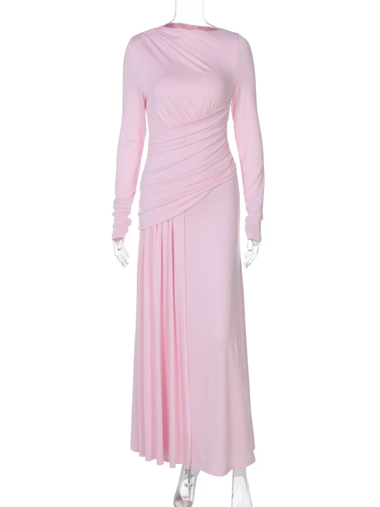 FDYOUI Frau Langarm Hohe Taille Rosa Urlaub Kleid Damen Tuniken Geraffte Lange Maxi Geburtstag Party Kleider Abend Abendkleid