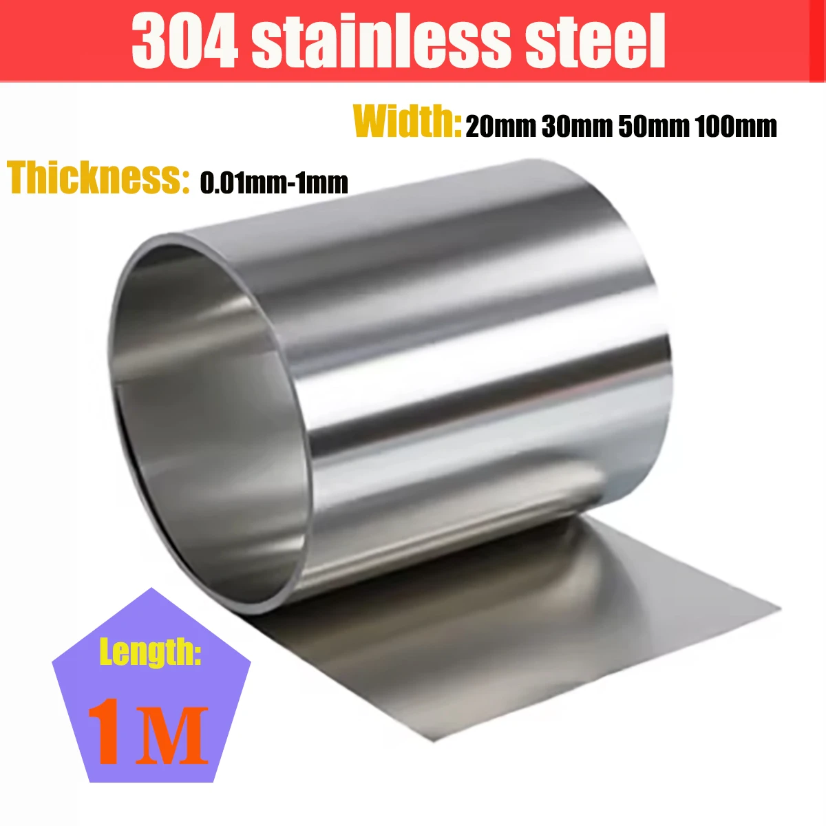 1 Meters 304 Stainless Steel Strip sheet steel coil 0.01-1mm Thick 20-100mm Width for Industrial Manufacturing & DIY Projects