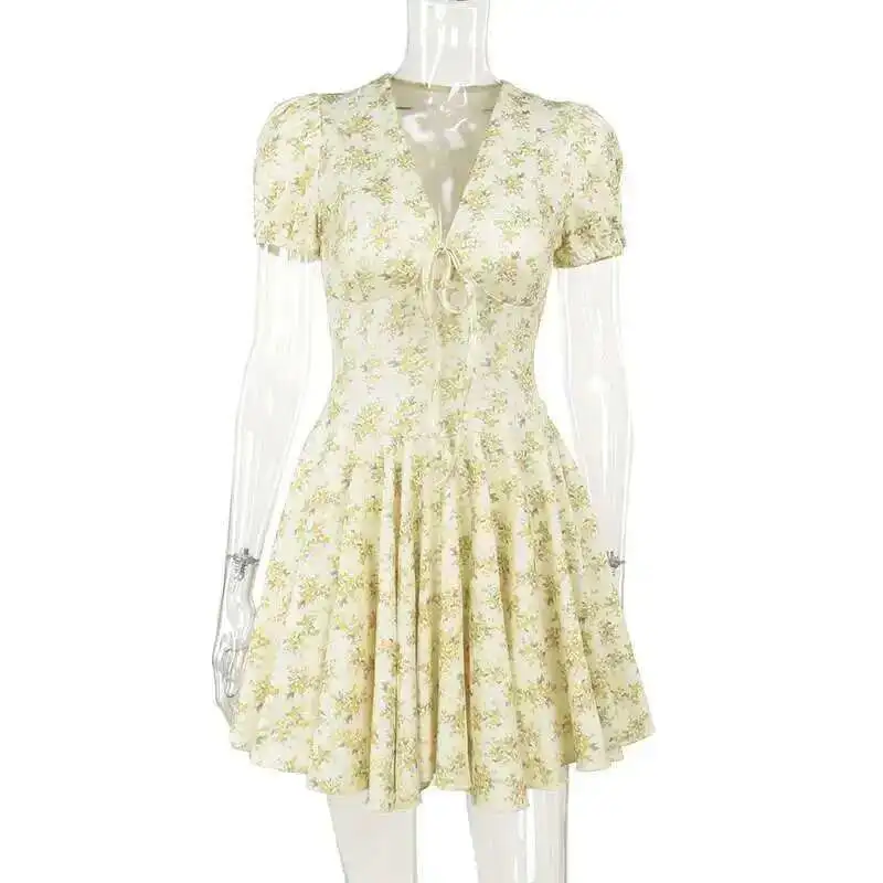 Abito sexy stampato floreale Donna 2025 Estate elegante scollo a V manica a sbuffo Slim pieghettato Mini abiti corti Club Party Vestidos