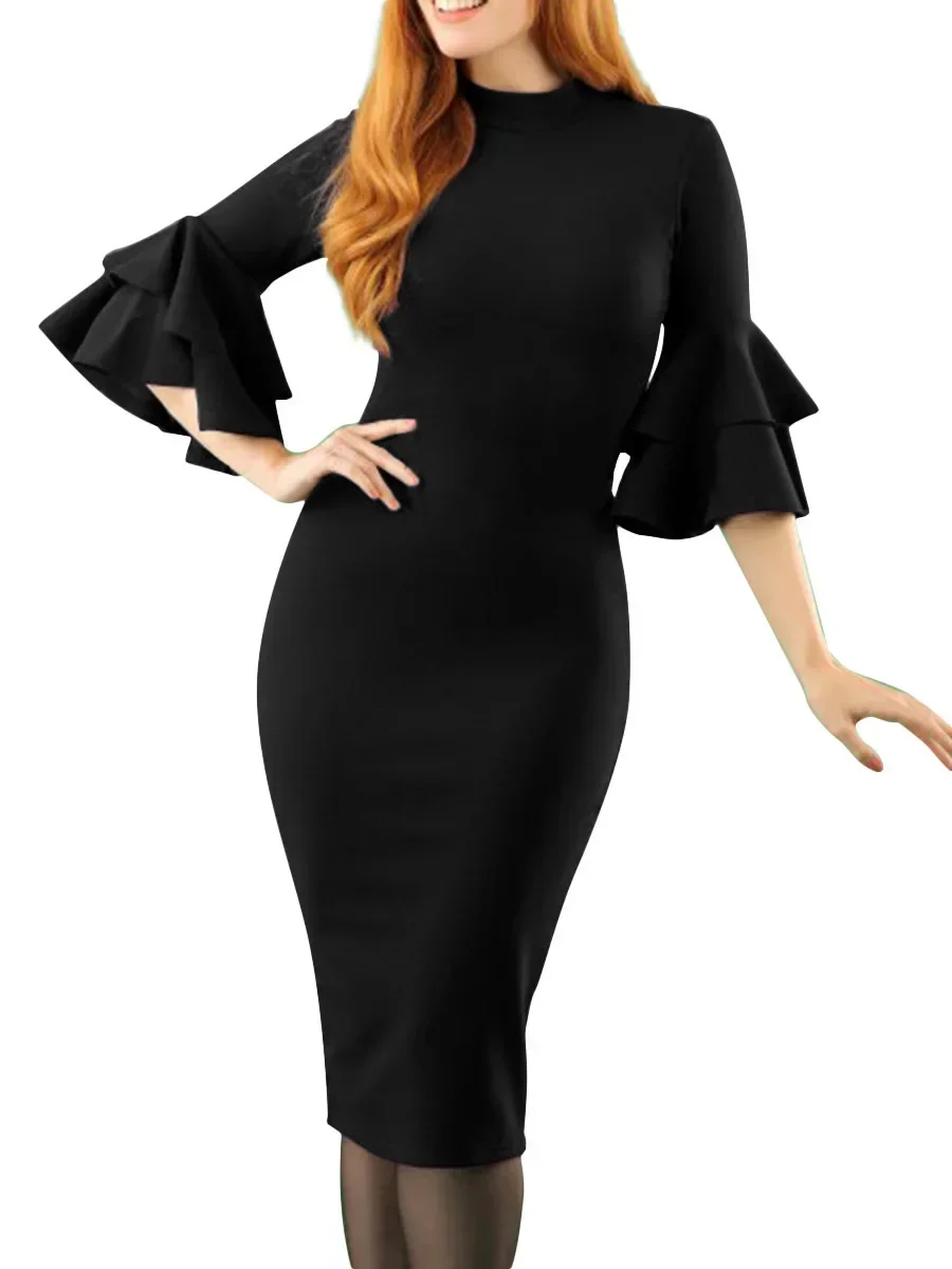 

2025 Women's Clothing Pullover Round Neck Fashionable Solid Color Ruffle Edge Sexy Tight Party Dress Vestidos Plus Size 9XL 8XL