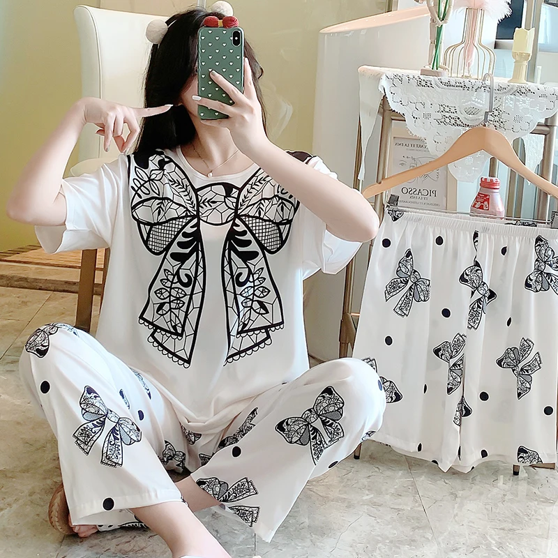 High Quality Silk Pajamas Set Women's Short Sleeve Trousers 3 Piece Ice Silk Pajamas Fashion Ladies Loose Casual Luxury Homewear