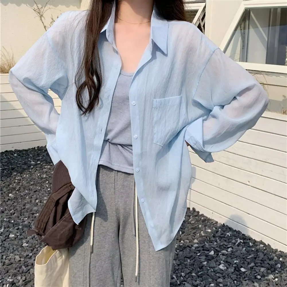 Commuting Shirt Loose Fit Mid-length Women's Summer Shirt Lapel Long Sleeve Single Breasted Solid Color Tops for Thin Sun