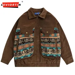 American Men's Corduroy Cotton Padded Jacket Patchwork Autumn Winter Retro Casual Lapel Loose Thick Warm Wadded Jacket Coats