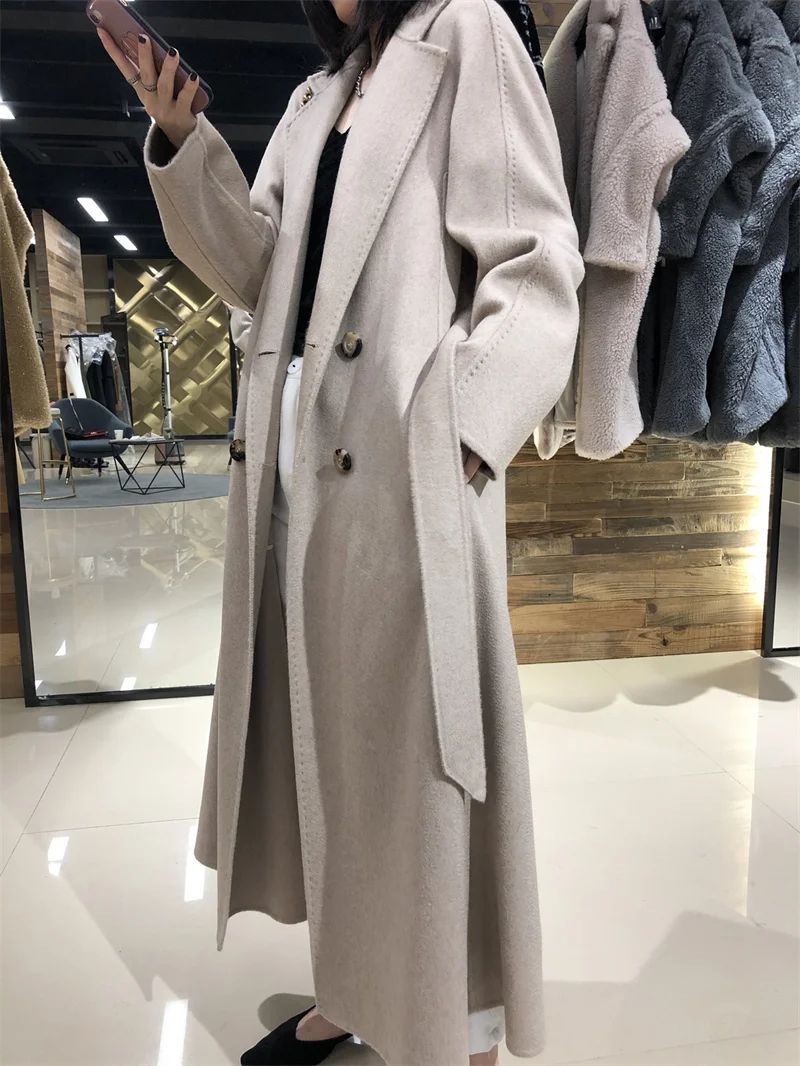 High-end Double-sided Water Ripple 100% Cashmere Coat for Women Lapel Neck Long Bathrobe Style Autumn Winter Outerwear