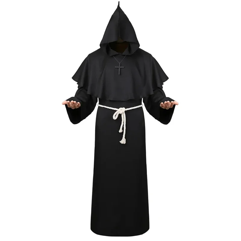 Monk Costume Medieval Friar Hooded Cap Cloak Renaissance Priest Robe Costumes Men Halloween Fancy Dress MS36048