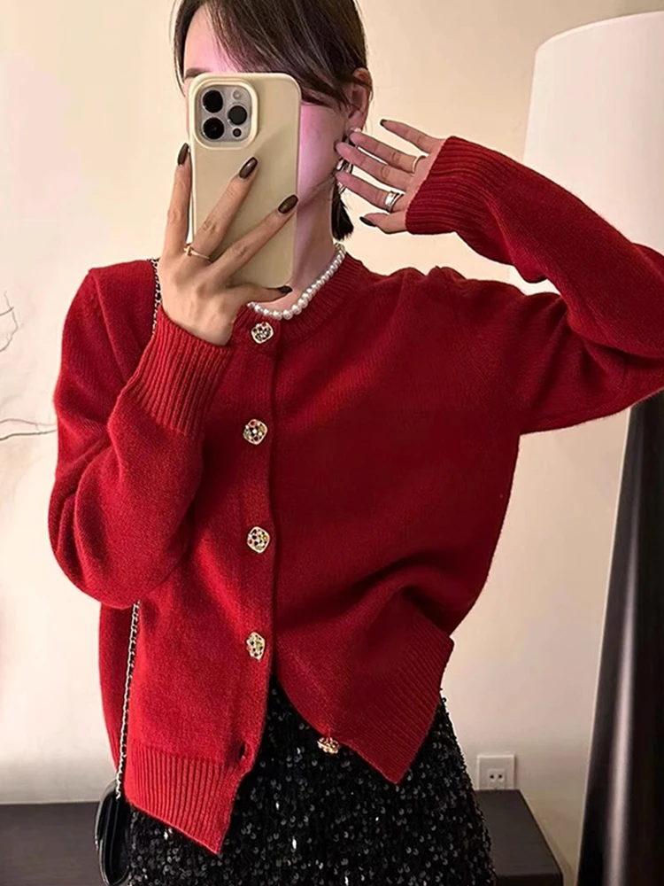 

Fashionable Long Sleeve Knitted Cardigan Women's Winter Outerwear Slimming Diamond Buttoned Knitwear Straight Cut Commute Style