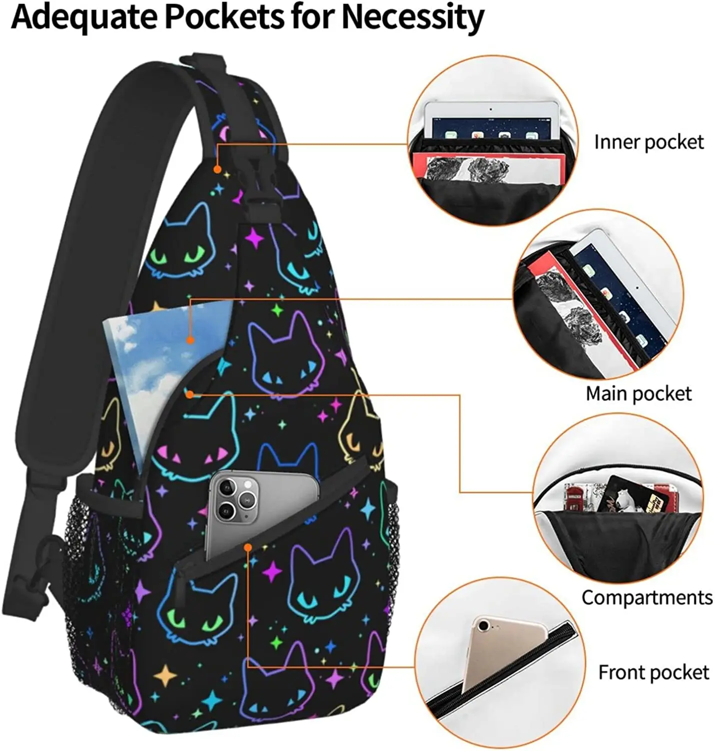 Colorful Cat Sling Bag Crossbody Women Men Travel Chest Backpack Leisure Single Shoulder Bag for Sports Outdoor Running Hiking