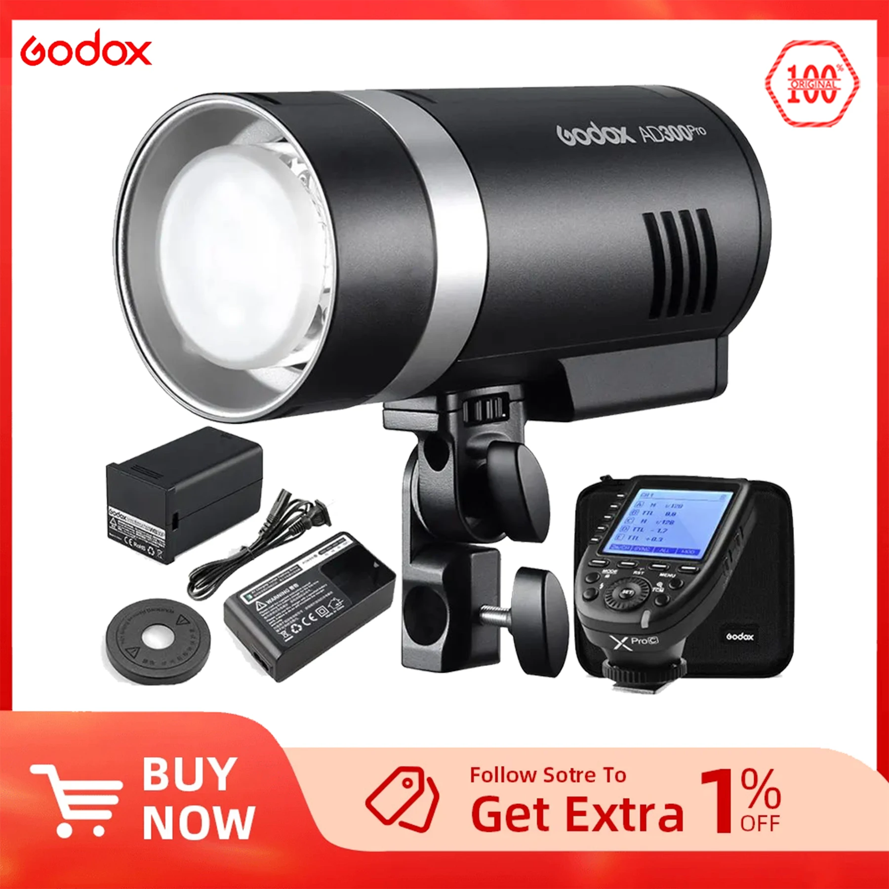 

Godox AD300Pro Outdoor Flash Light 300Ws TTL 2.4G 1/8000 HSS with 2600mAh Battery for Canon Nikon Sony Fuji Olympus Pentax