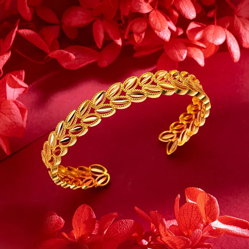 9999 Real Gold 24K Hollow Women's Double Layer Love Leaf Bracelet