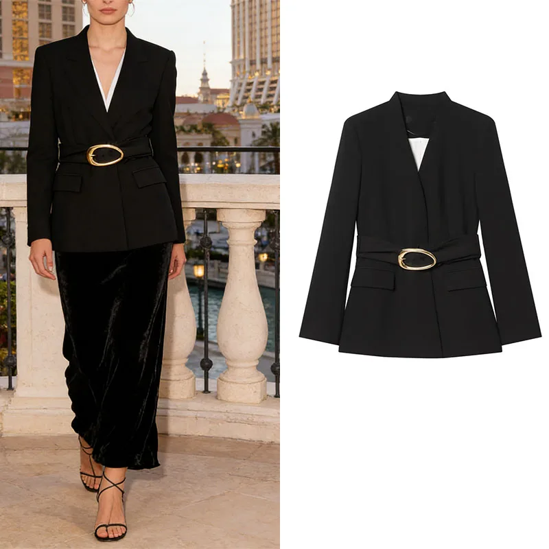 

Women's office blazer Outerwear top Women's belted suit jacket Long sleeve With shoulder pads V-neck
