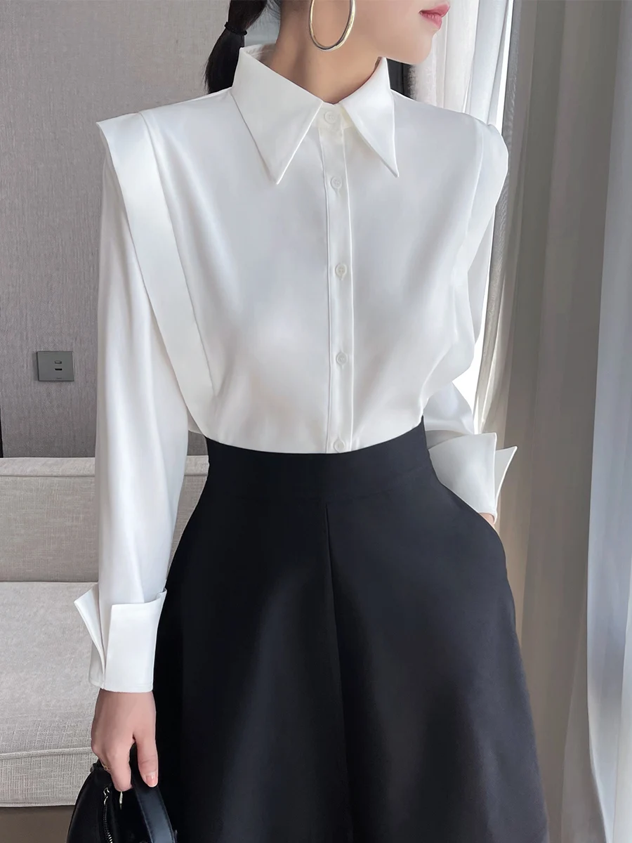 Elegant White Shirt Women's Long Sleeve  Collar Design Spring Autumn Fashionable Flying Sleeve Straight Cut Commute Style