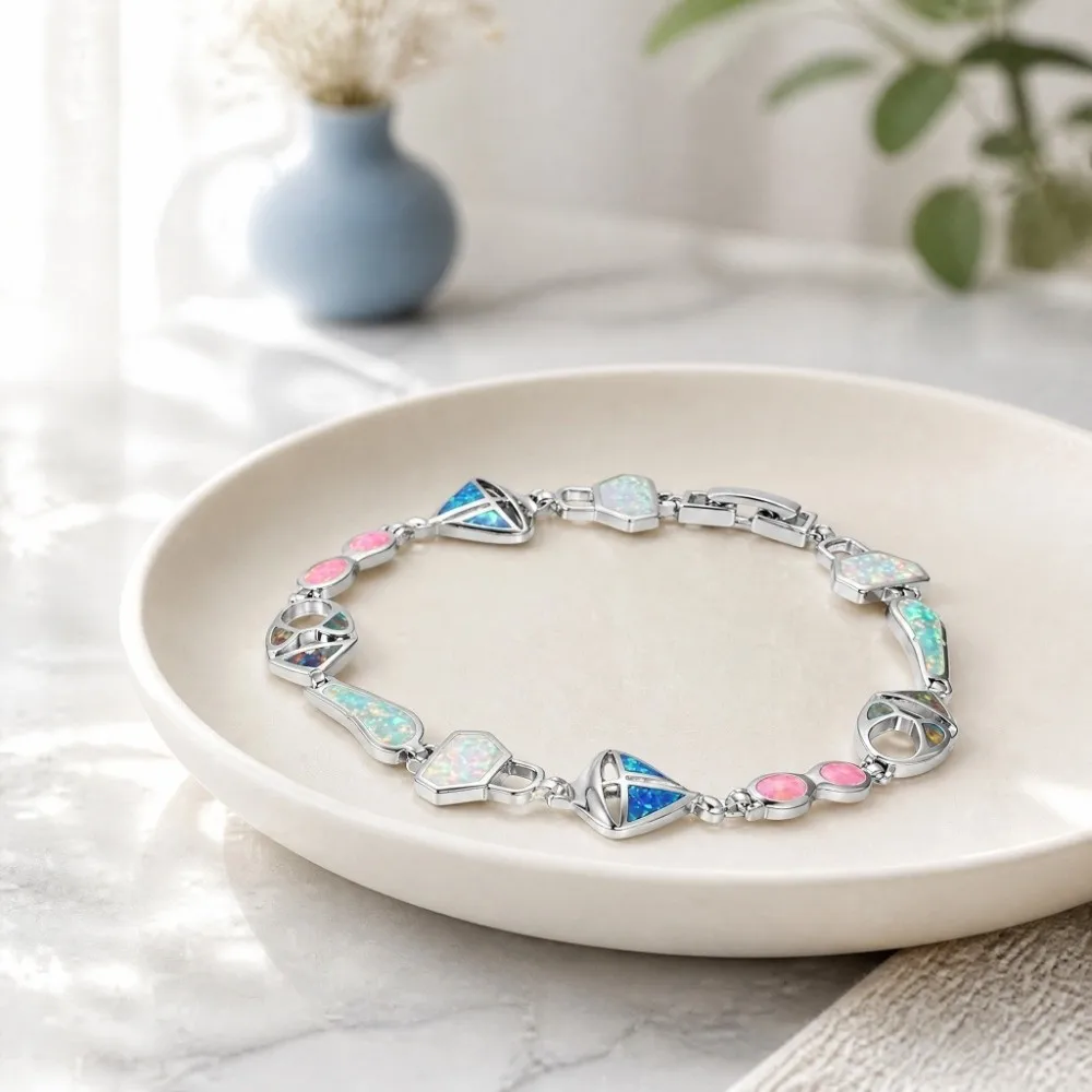 Lab Created Opal Opal Bracelet Rainbow Fire Synthetic Opal Link Bracelet Geometric Colorful Opal Women Jewelry Jewelry Gift