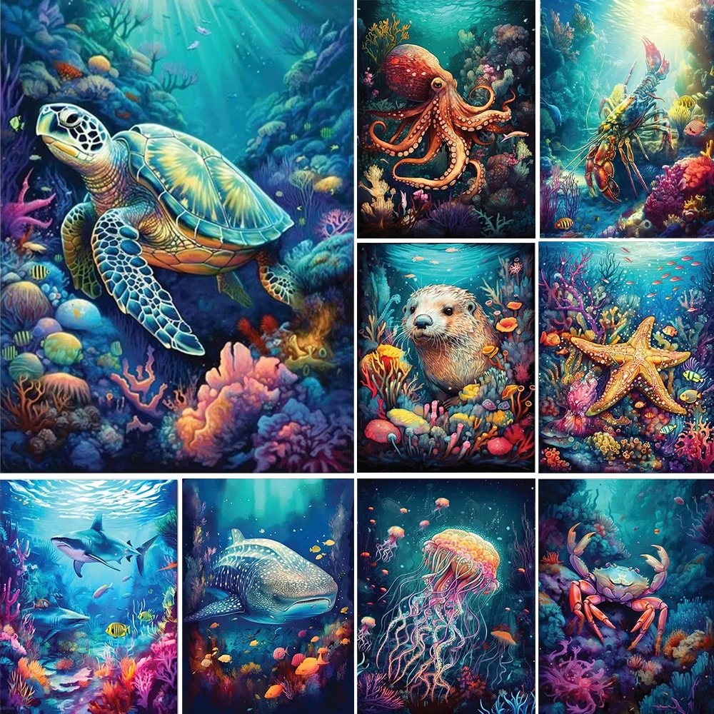 Unterwasserwelt Diamantmalerei Delfin Schildkröte Qualle Krabbe Kreuzstich-Sets Landschafts-Mosaik-Stickerei Bild Heimdekoration