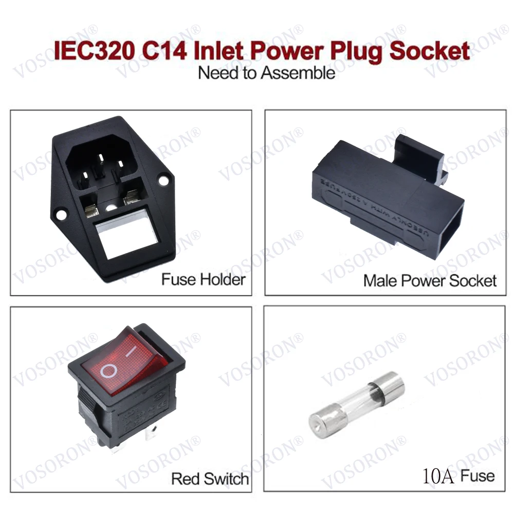 2PCS 10A/250V 3pin AC power socket with Power Rocker Switch Fused