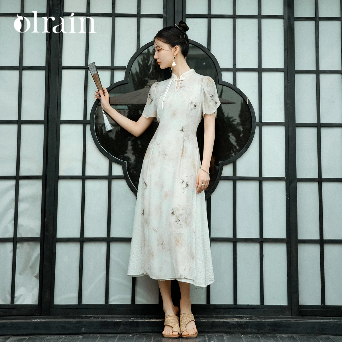 

OLrain Chinese Style Stand Neck Womens Dresses 2025 Summer Vintage Puff Sleeve A-line Elegant Dresses Female Clothing O24XL90562
