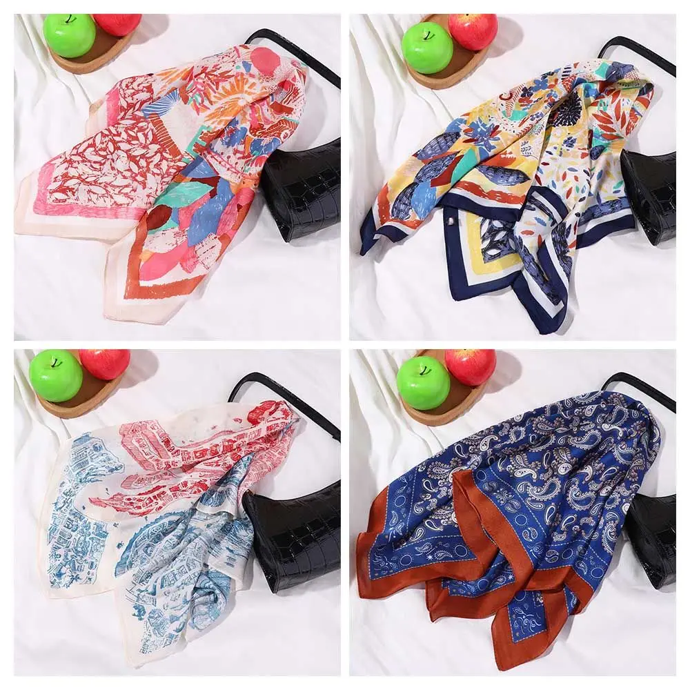 Luxe Retro Bloem Streep Print Vrouwelijke Vierkante Sjaal Hoofddoek Dames Zijden Sjaal Haarband Band