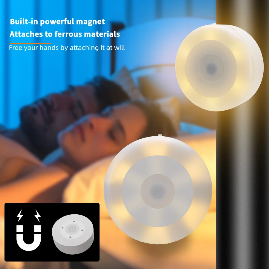 LED Motion Sensor Night Light, USB Recarregável, Lâmpada para Cozinha, Armário, Roupeiro, Escada, Sem Fio, Armário
