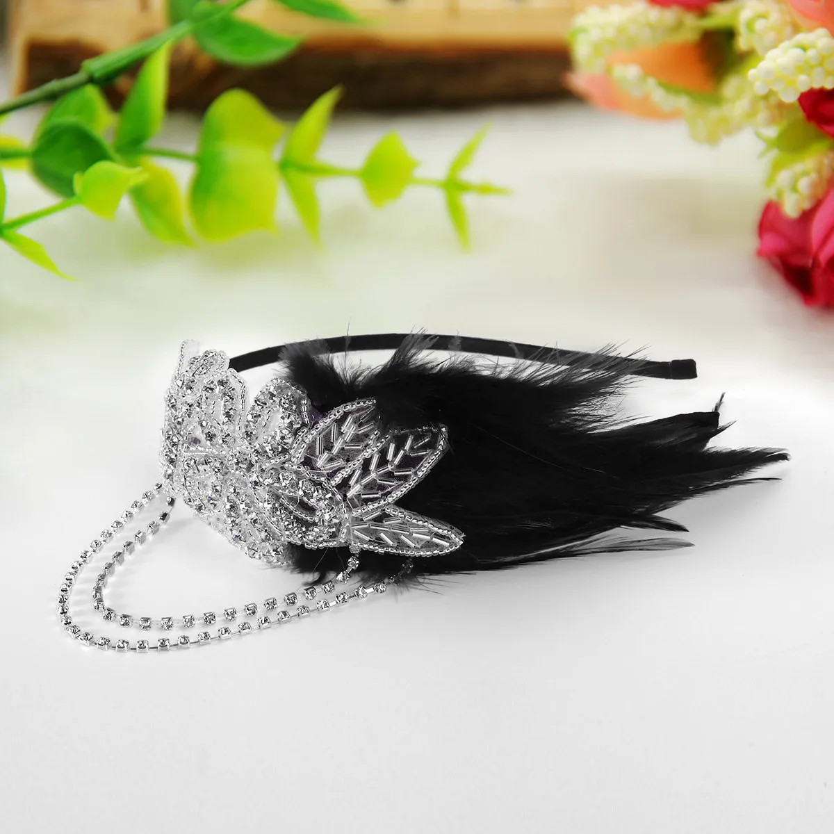 

Headband Retro Black Flapper Chain Flower Hairband Great Headpiece 1920S Fancy Dress Party Elegant Hair Accessory