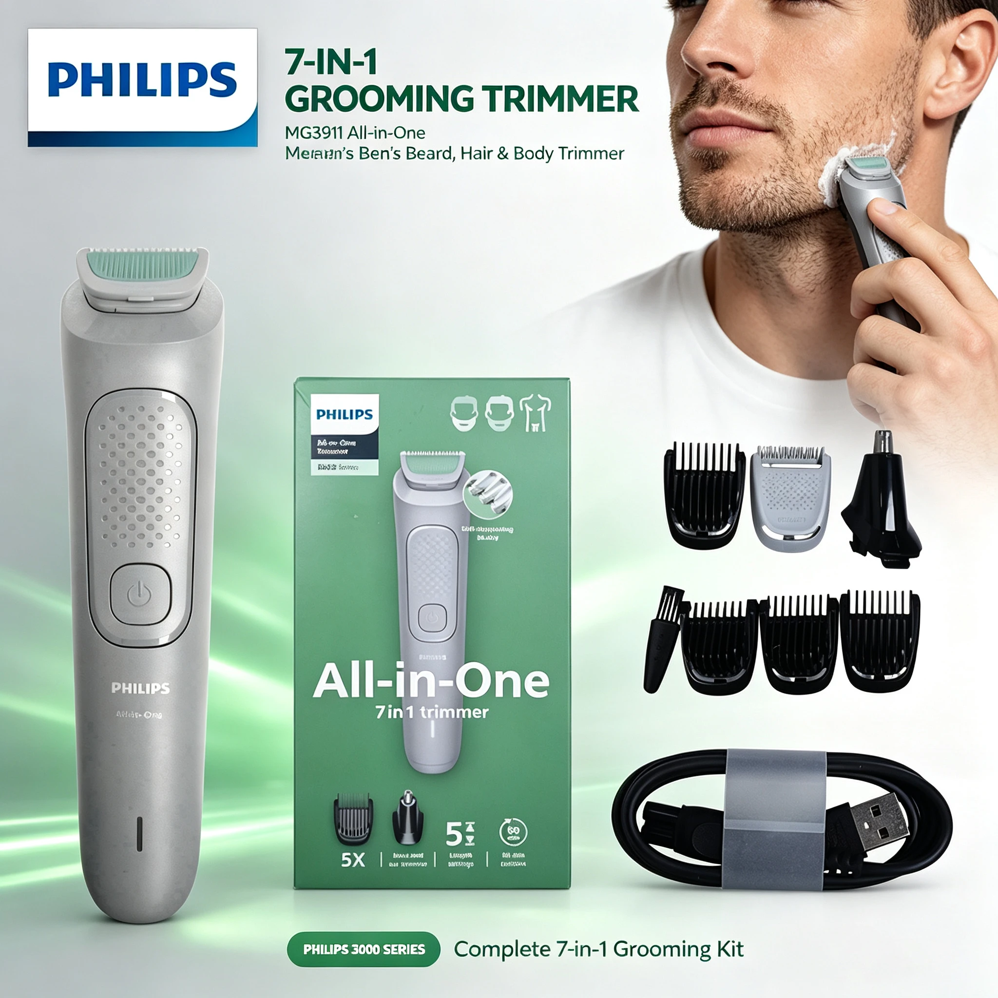 Philips MG3911 Multi Grooming Trimmer, 7-in-1 Men's Shaver, Hair & Body Hair Trimmer, Wet & Dry Use, USB-A Charging