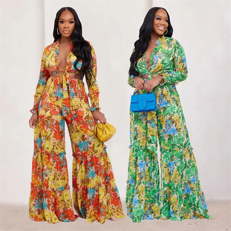 Floral Printing 2 Piece Sets Womens Outfits Elegant Lace-up Crop Top and Loose Wide Leg Pants Festival Bohemia Matching Sets