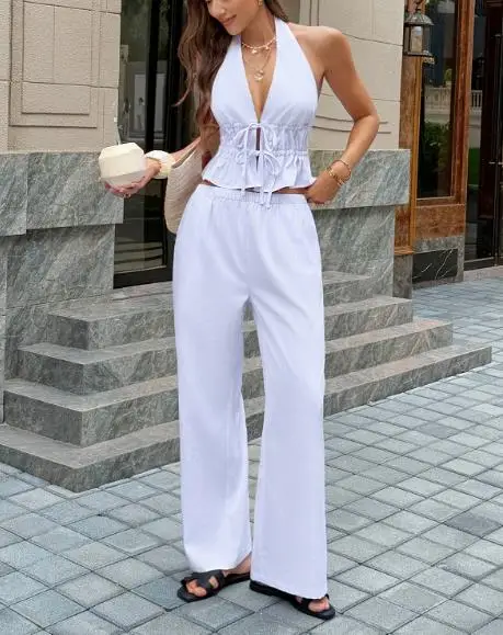 

Women's Two-Piece Set 2026 Spring/summer New Y2K Fashion Casual Fit Fake Collar Drawstring Sleeveless Pants Set Women's Wear