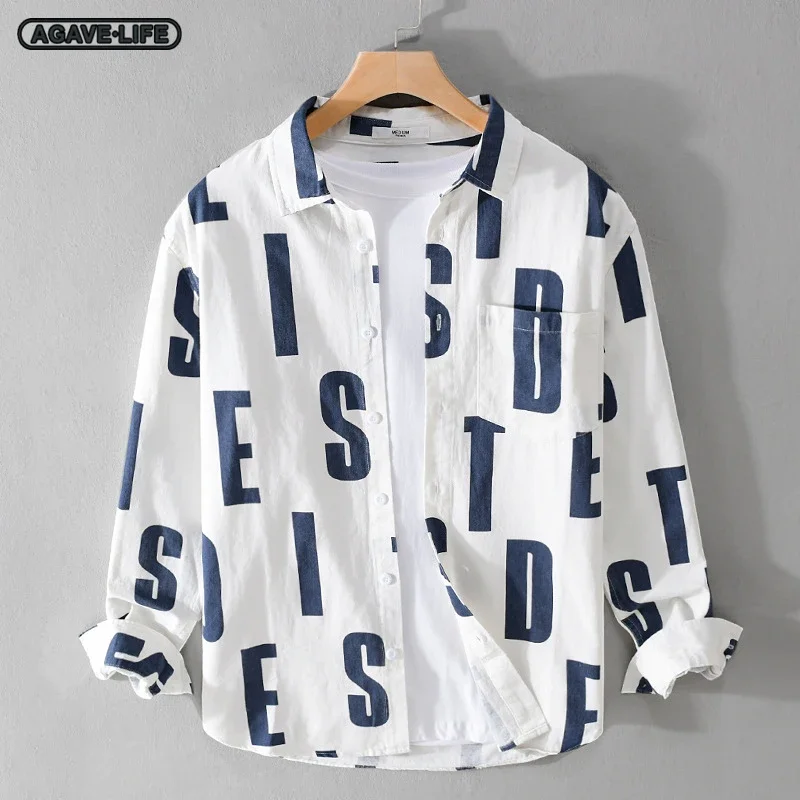 

Spring Autumn Men's Letter Print Shirts Simple Young Men Loose Long-sleeve Casual Shirts Men Breathable Comfortable Lapel Shirts