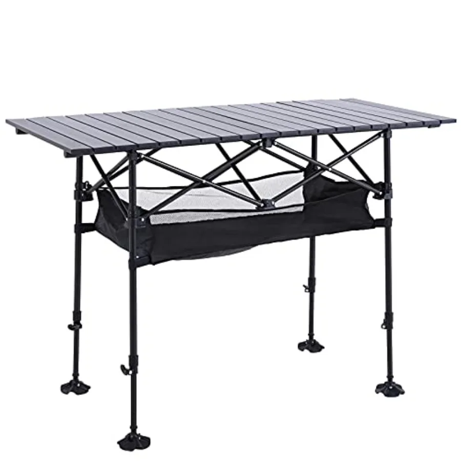 

Outdoor portable adjustable aluminum camping table with storage, ideal for grill, travel, picnic, beach, BBQ, and backyards in