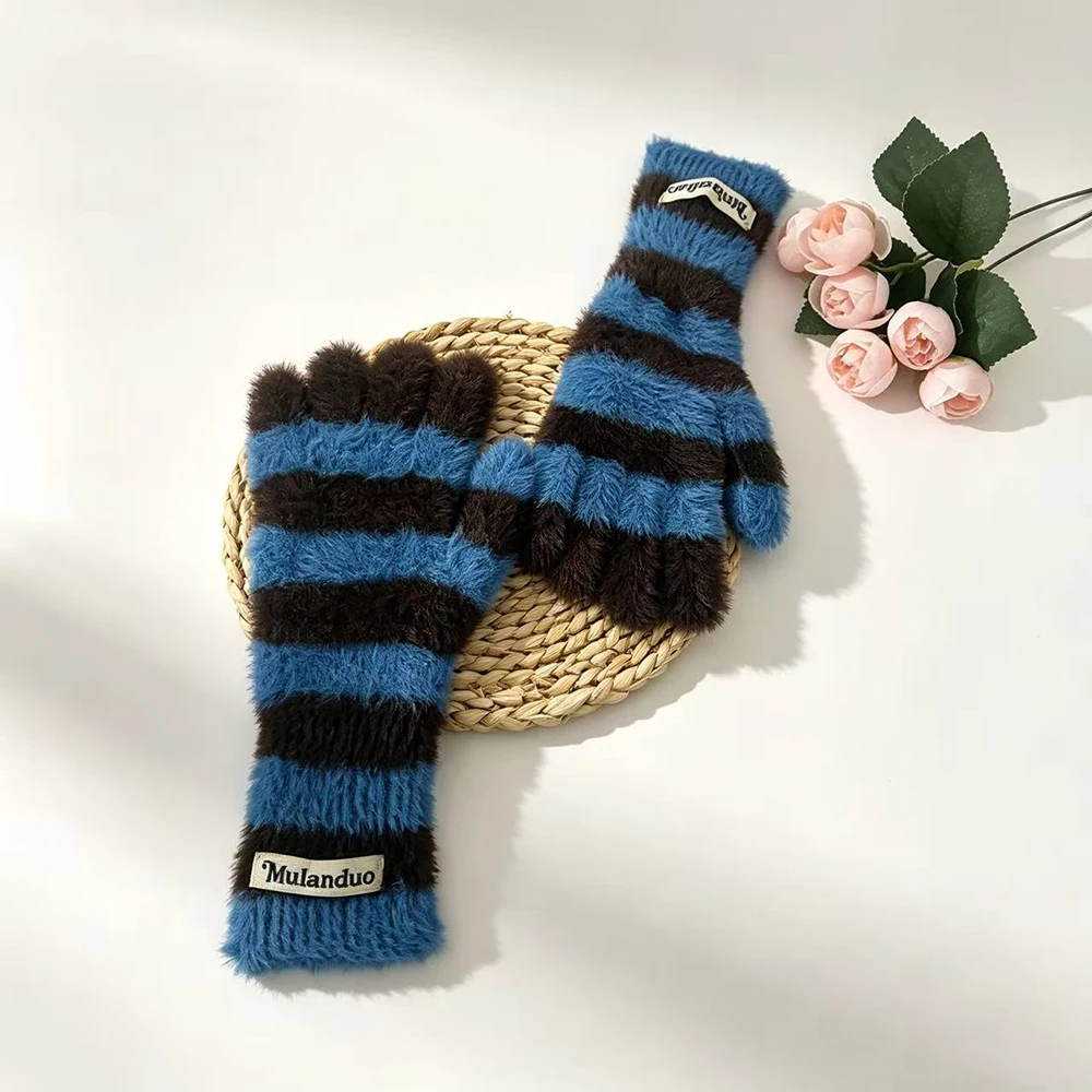 Striped Knitted Korean Style Plush Touchscreen Gloves Warm Soft Fingerless Mittens for Men and Women Outdoor Ski Riding Gloves