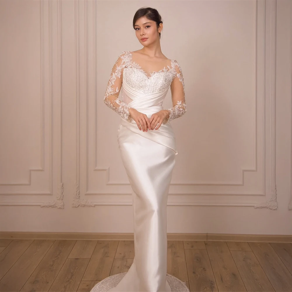 Customized Elegant Neck Lace Satin Bridal Gown Sheer Long Sleeve Cross Ruched Waist Fit Mermaid Soft Train Formal Wedding Brides