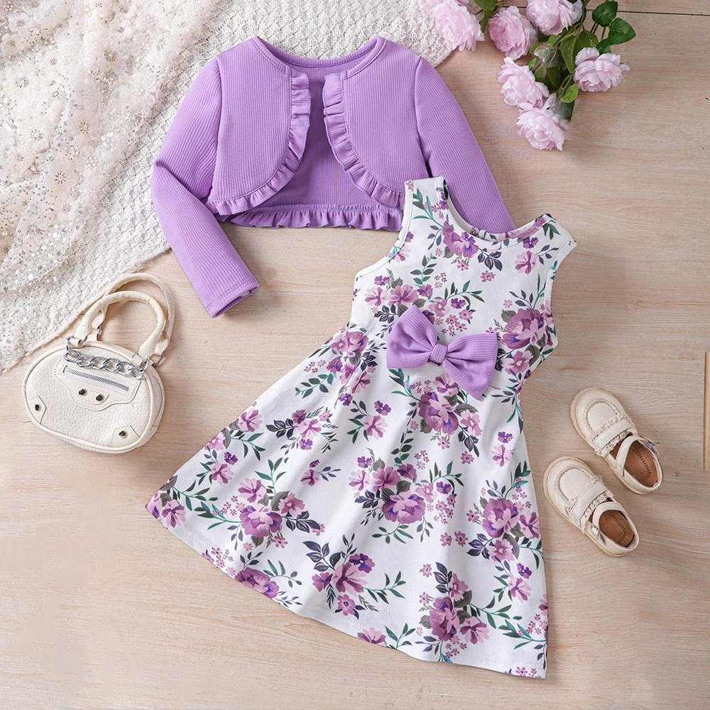 مجموعة أزياء فستان الفتيات ملابس الخريف سترة صوفية جديدة بأكمام طويلة أرجوانية وفساتين مطبوعة لملابس الأطفال في الهواء الطلق