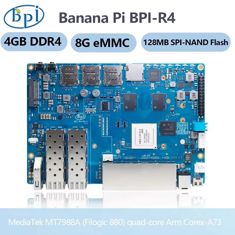 Banana Pi BPI-R4 MT7988A (Filogic 880) Quad-core Arm Corex-A73 4GB DDR4 8G eMMC Smart Router Board Kit Optional Fan Power Supply