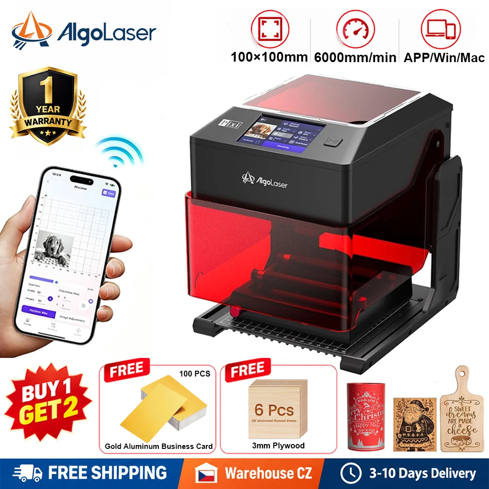 AlgoLaser PIXI Mini Laser Engraver 100×100mm 6000mm/min Touch Screen WiFi APP Control Desktop Laser Marking Machine Wood Leather Acrylic Engraving Cutter, Free Shipping, CZ Warehouse, 1 Year Warranty,