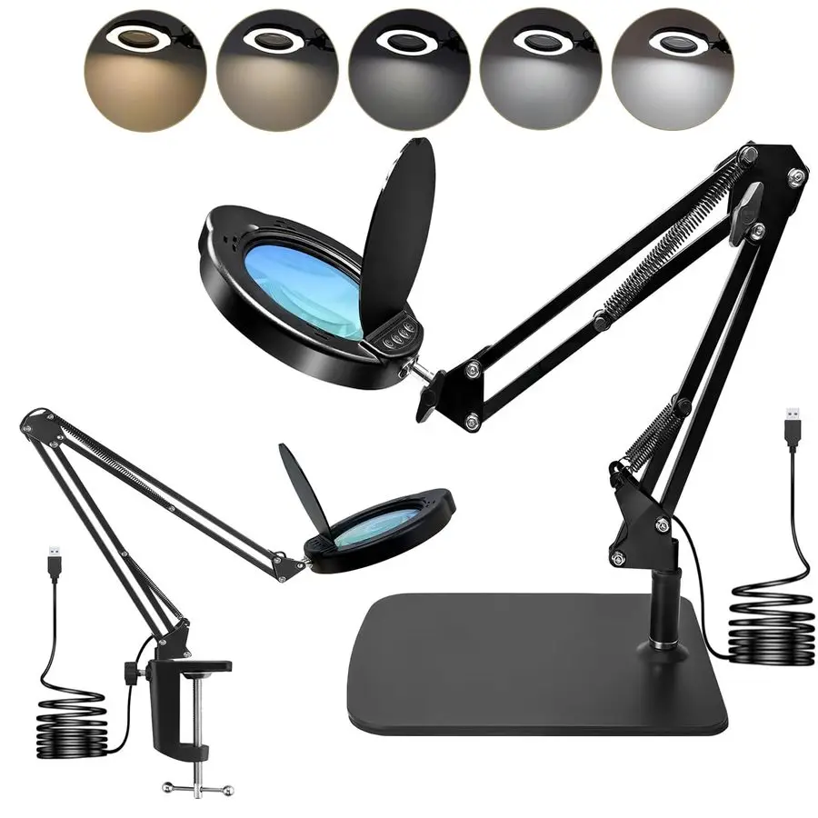 Magnifying Glass Desk Lamp with Clamp and Base, Real Glass Lens, 84 LEDs, 5 Color Modes Dimmable, Led Lamp Magnifier with Dust