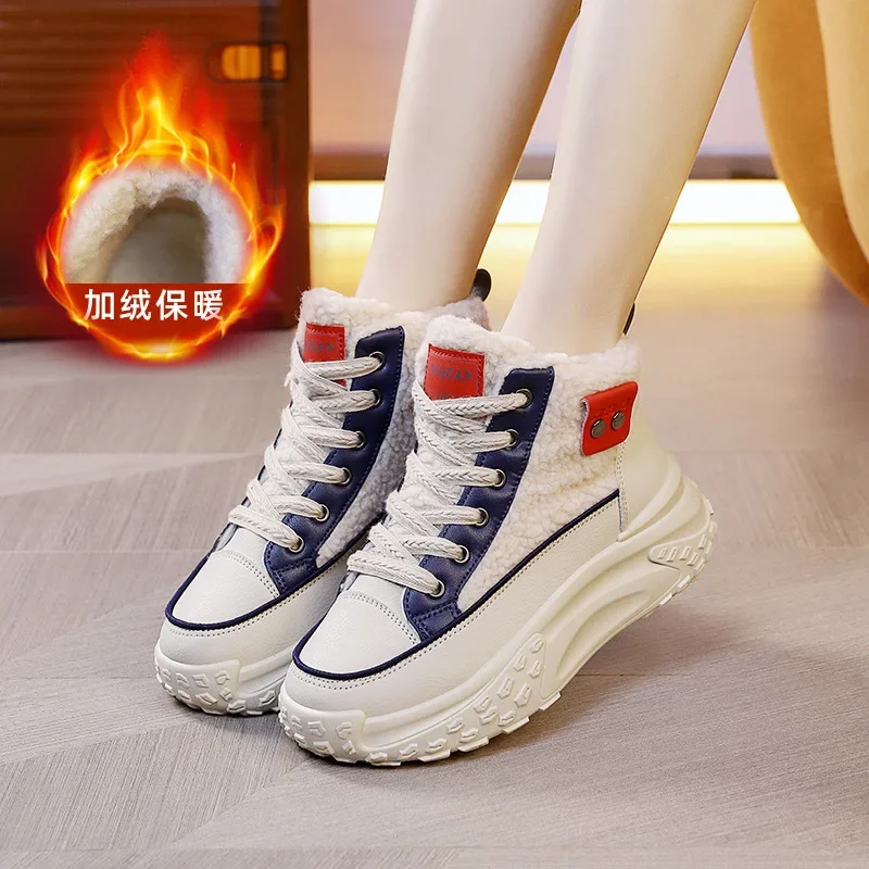 Women Snow Boots 2024 Winter New Plush Warm Shoes Fashion Cold Proof Thick Soled Lace Up Increases Height Non-slip Cotton Boots