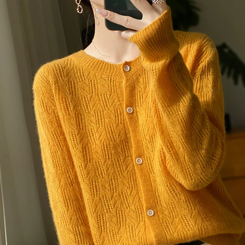 24 spring explosions round neck 100% sweater women hollow long sleeve knit cardigan loose sweater solid color sweater coat