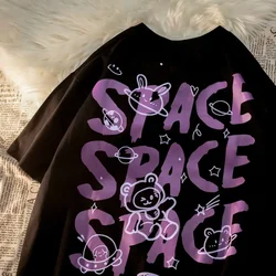 Women T-Shirt Bear Space Print Graffiti Oversized T-shirt Loose Retro Clothes Short Sleeved Harajuku T-Shirts Female Tops Y2K