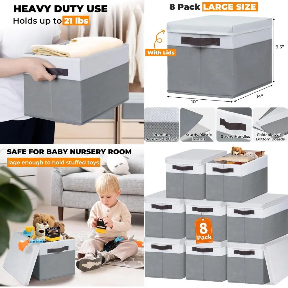 

8 Pack Closet Storage Bins with Lids - Stackable Storage Baskets for Organizing Clothes Toys Blankets - Odorless for Baby Nurser