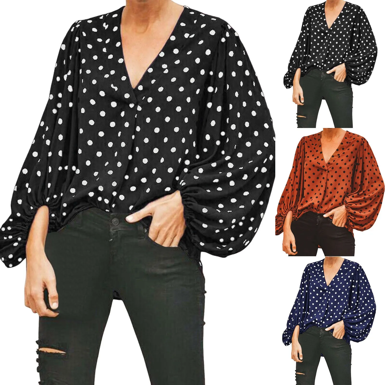

Women's Polka Dot Print Blouse Long Lantern Sleeve Casual Daily Basic Shirt Spring Summer Loose Elegant Ladies Blouses