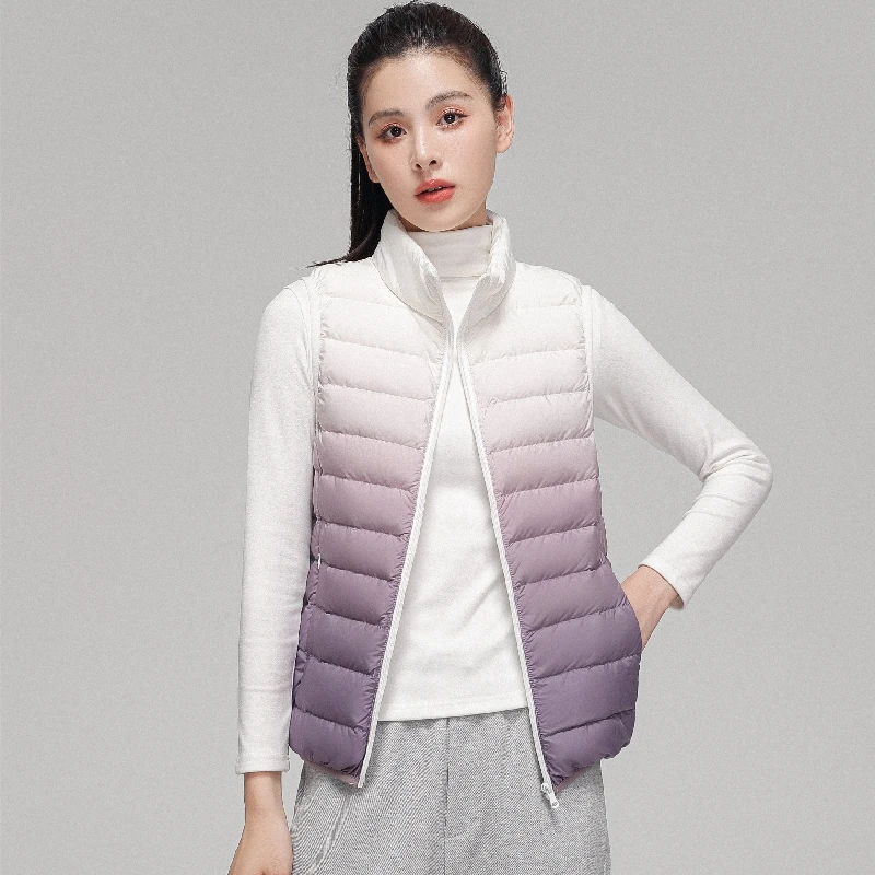 Women Fashion Gradient Ultra Light Down Vest 2022 Spring/Autumn New Female Stand Collar Slim Fit Sleeveless Puffer Jacket