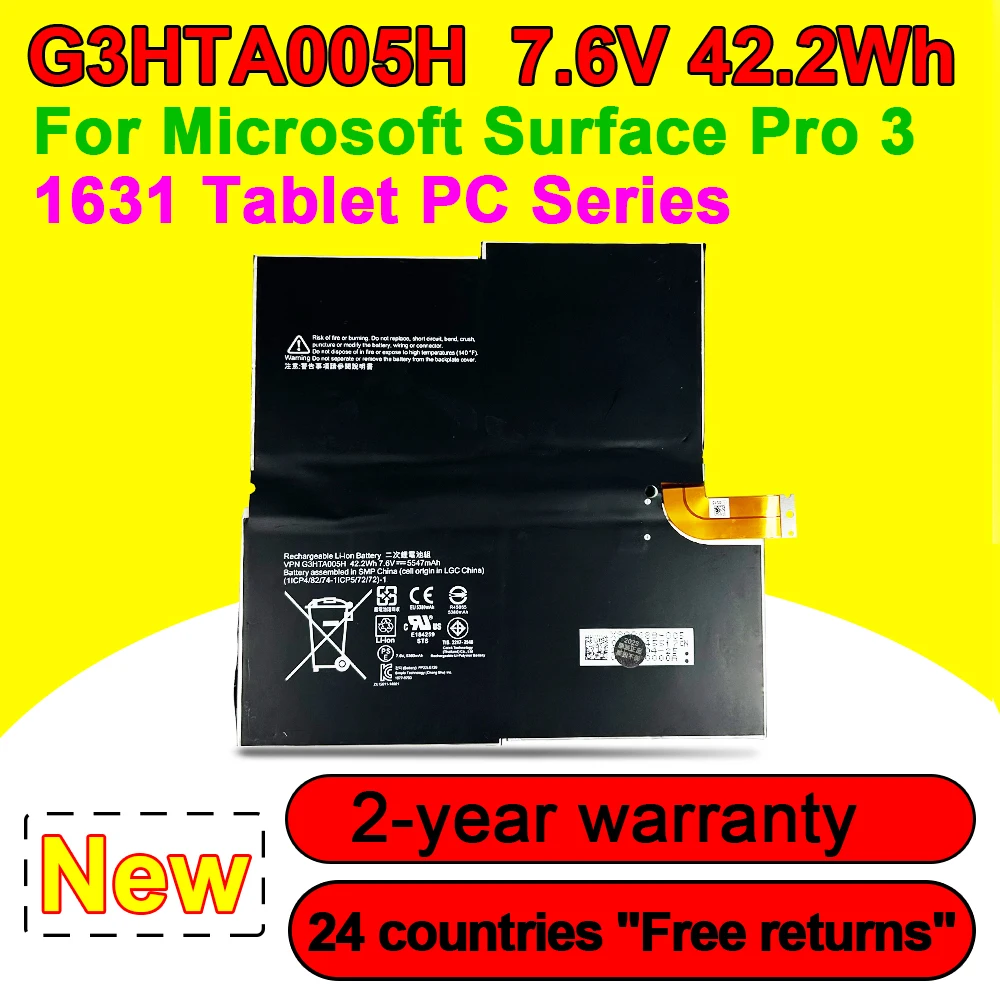 

For Microsoft Surface Pro 3 1631 Tablet PC Series G3HTA005H G3HTA009H MS011301-PLP22T02 Laptop Battery 7.6V 42.2Wh 5547mAh