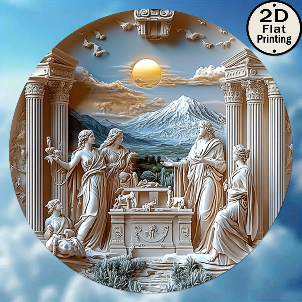 1 Stück 2D-Flachdruck, Stil, antiker griechischer Gott, Vintage, wiederverwendbar, klassisch, 20,3 cm, rundes Aluminiumschild, zwei Löwen, Statue für Zuhause und W