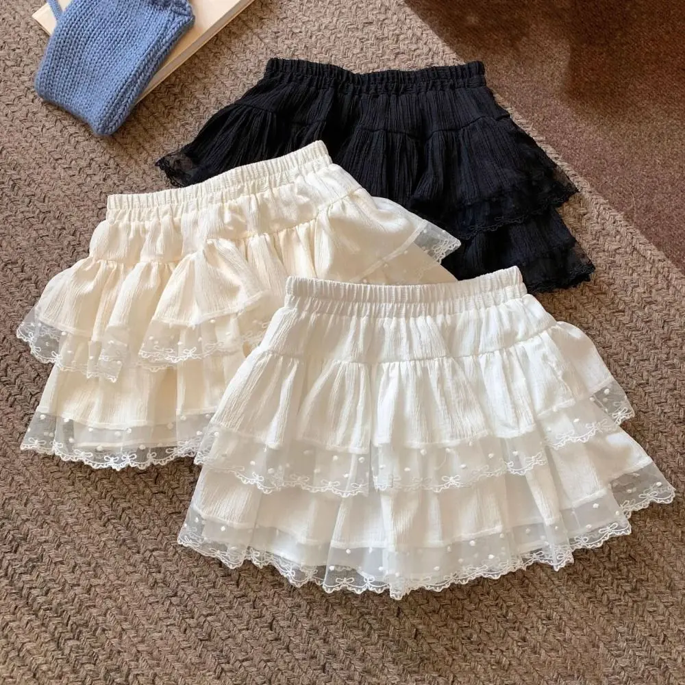 

Cute Dots Puffy Cake Skirt Women Sweet High Waist Lace Bowknot Short Skirt Ruffle with Safty Pant A-Line Short Skirt Party