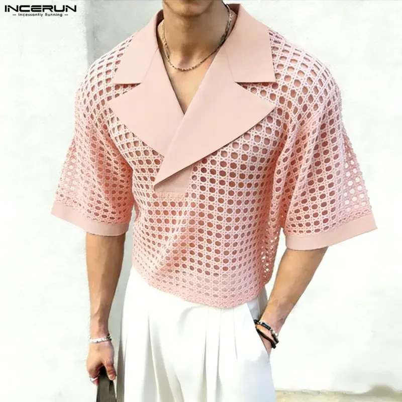 INCERUN Men's Shirt Lapel Mesh Patchwork See Through Short Sleeve Men Clothes Summer Loose Sexy 2026 Fashion Camisetas Crop Tops