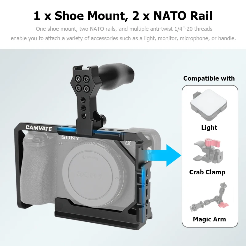 CAMVATE Aluminum Full Camera Cage for Sony a6700 with Shoe Mount & Arca-Type Base and NATO Rail for Handle LED Light Monitor Mic