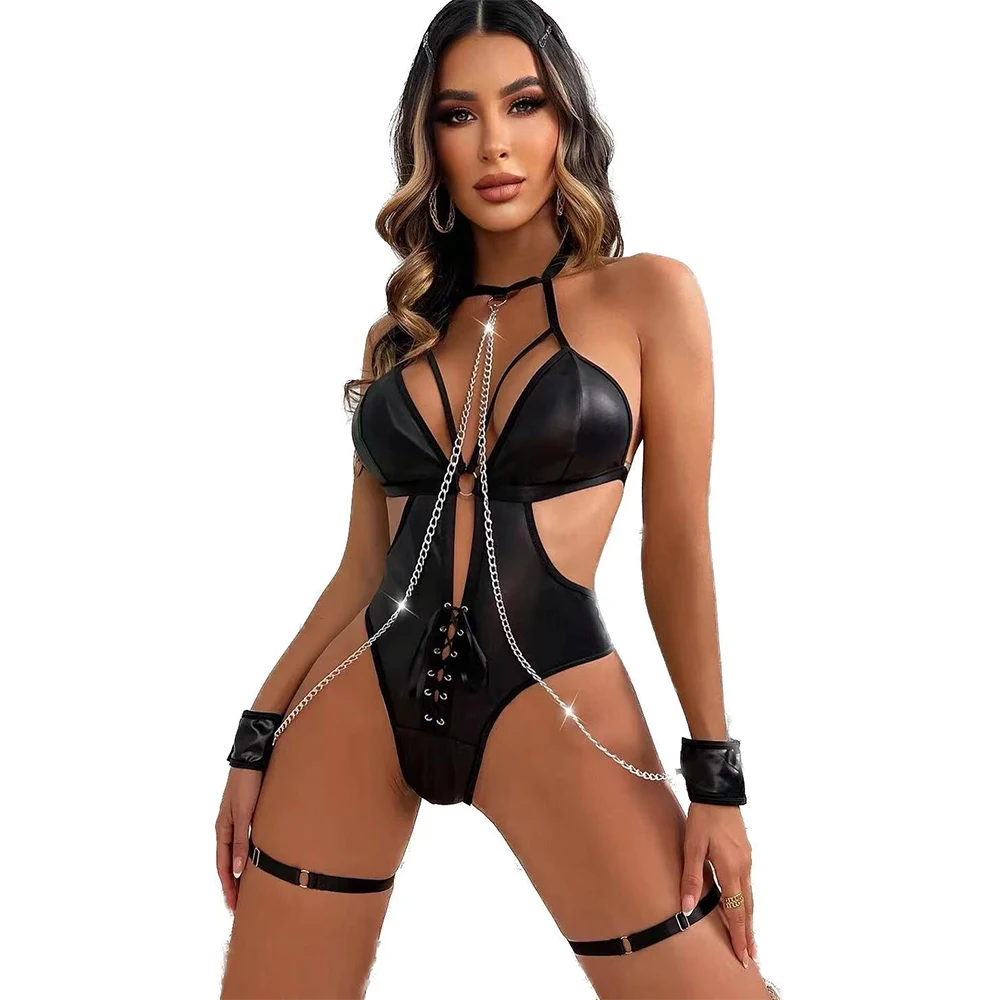 BDSM bodysuit kunstleer harnas open rug teddyketting afneembare clubwear lingerie handboeien festival fetish wear zwart