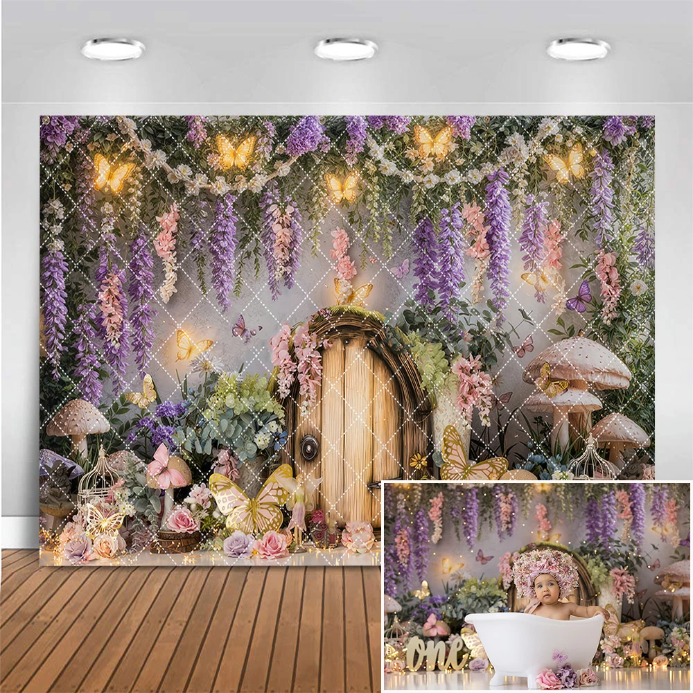 

Pixie Realm Girl Birthday Cake Smash Photography Backdrop Purple Butterfly Flower Photocall Background Photo Studio Props Banner