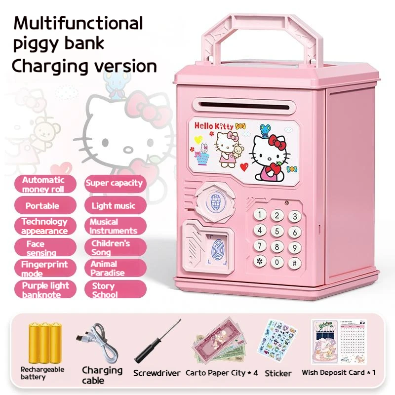 Sanrio Cute Piggy Bank Melody Kt Pink Children's Electronic Cash Box Password Safe Fingerprint Automatic Banking Gift Money Box