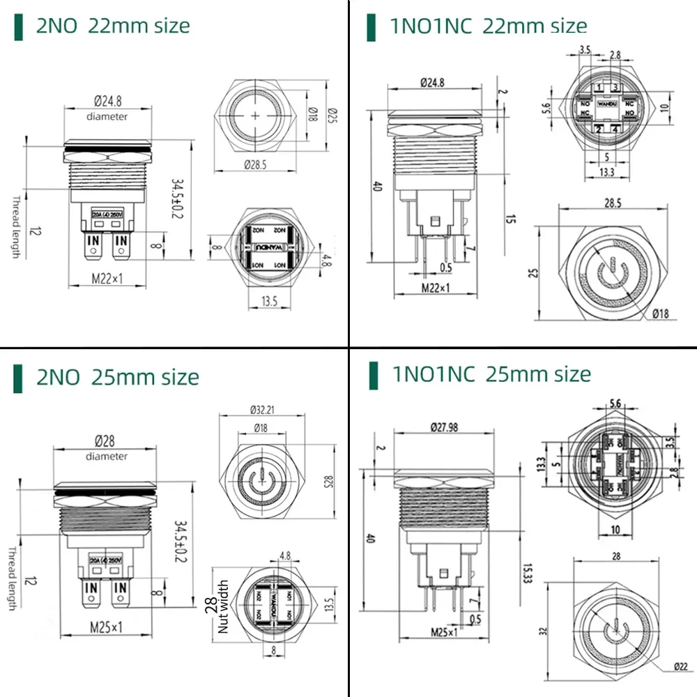 Interruttore a pulsante in metallo 22/25mm 10A luce a LED impermeabile ad alta corrente interruttore di alimentazione del motore dell\'auto a scatto