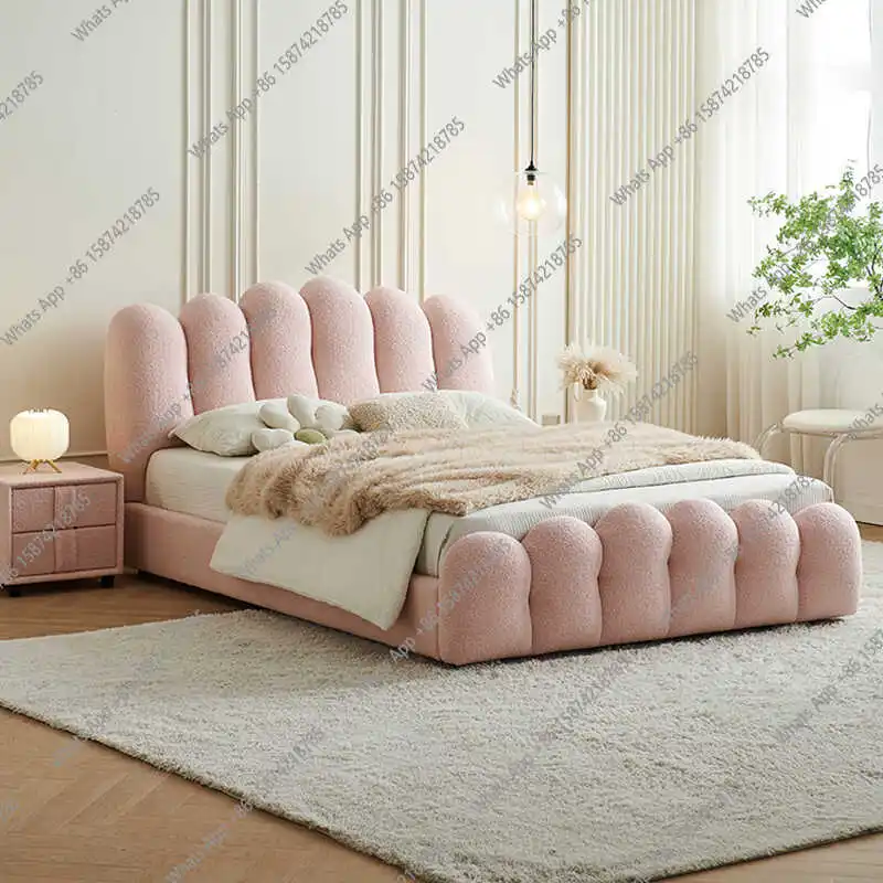 Pink soft bag single bed simple modern princess bed lamb wool spot girl double bed fabric light luxury designer