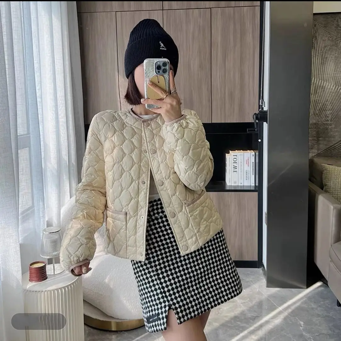 가을, 겨울 새로운 여성 다운 재킷 통근 라운드 넥 다이아몬드 그리드 경량 재킷